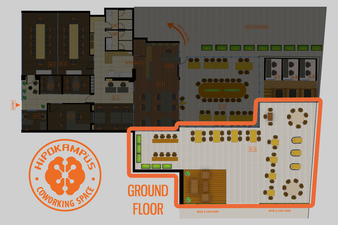 Hipokampus Fethiye'nin bahçe coworking kat planı, doğa içinde çalışmanın tadını çıkarın!